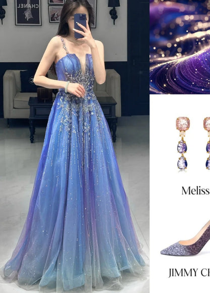 Chic A-Line Long Prom Dresses Tulle Spaghetti Straps Blue Birthday Dresses Sleeveless Evening Gowns ED06218