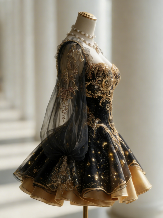 Cute A-Line Short Prom Dresses Sweetheart Applique Black Birthday Dresses Tulle Long Sleeves Party Dresses ED06224