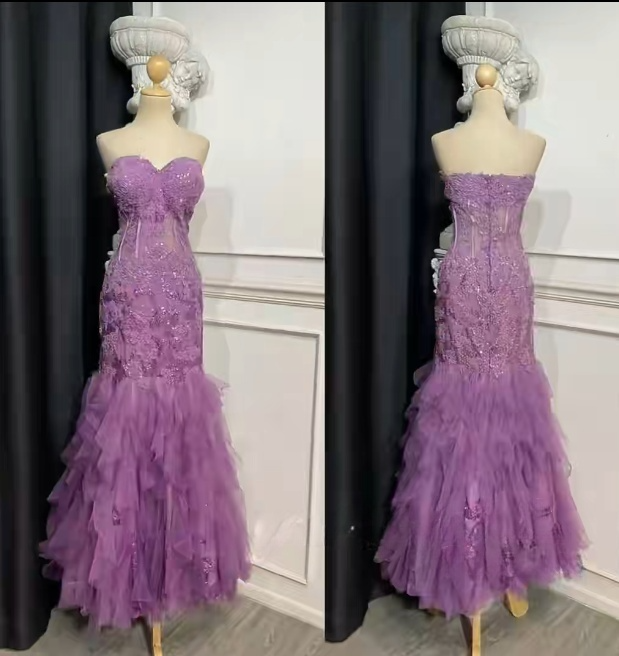 Elegant Purple Long Prom Dresses Sweetheart Mermaid Birthday Dresses Tulle Sleeveless Evening Dresses ED06229