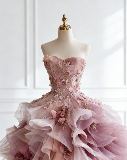 Gorgeous Pink Long Prom Dresses Strapless A-Line Evening Dresses Tulle Sleeveless Quinceanera Dresses ED06236