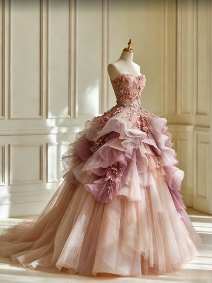 Gorgeous Pink Long Prom Dresses Strapless A-Line Evening Dresses Tulle Sleeveless Quinceanera Dresses ED06236