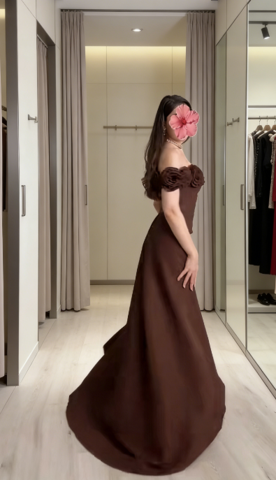 Elegant Brown Prom Dresses Satin Chiffon Sheath Long Evening Gowns Off-shoulder Birthday Dresses ED06255
