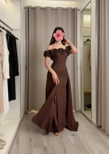 Elegant Brown Prom Dresses Satin Chiffon Sheath Long Evening Gowns Off-shoulder Birthday Dresses ED06255