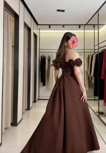 Elegant Brown Prom Dresses Satin Chiffon Sheath Long Evening Gowns Off-shoulder Birthday Dresses ED06255