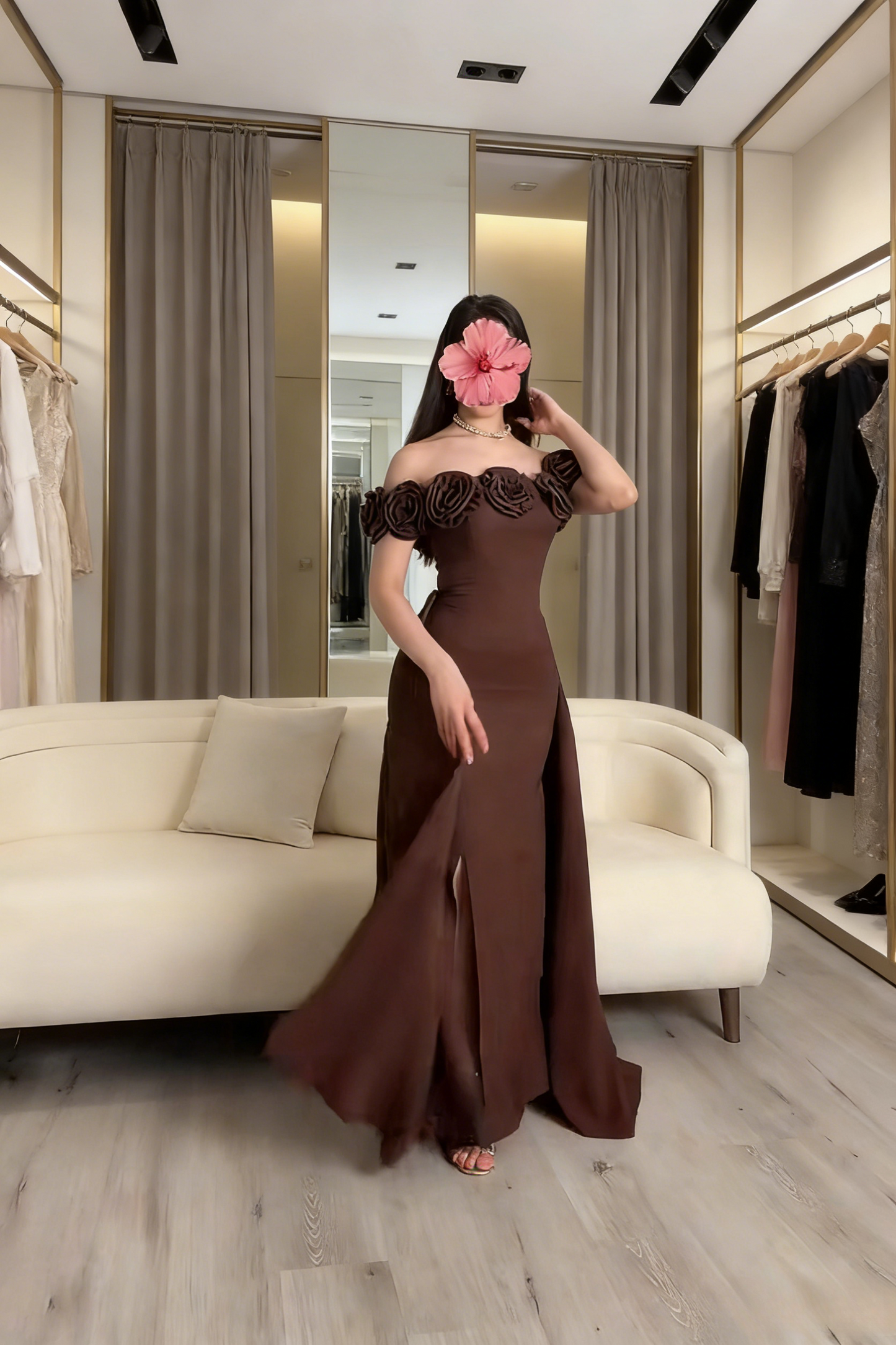 Elegant Brown Prom Dresses Satin Chiffon Sheath Long Evening Gowns Off-shoulder Birthday Dresses ED06255
