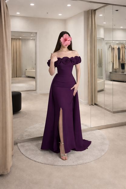 Elegant Brown Prom Dresses Satin Chiffon Sheath Long Evening Gowns Off-shoulder Birthday Dresses ED06255