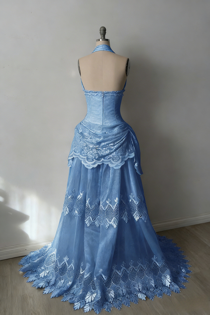 Robes d'anniversaire élégantes bleu dégradé, col en V, paillettes, mousseline, fourreau, robes de bal, robes de soirée ED04456