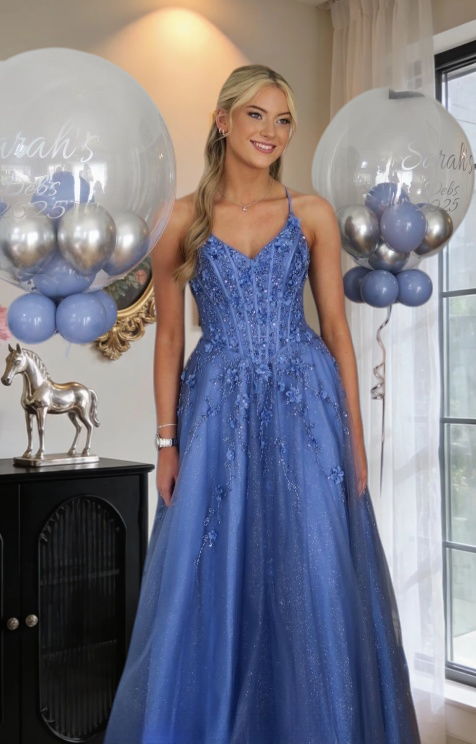 Chic A-line Dark Periwinkle Long Prom Dress Beaded Applique Tulle Spaghetti Straps Evening Dress Sleeveless Party Dress ED06301