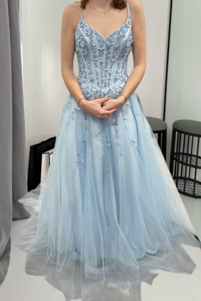 Chic A-line Dark Periwinkle Long Prom Dress Beaded Applique Tulle Spaghetti Straps Evening Dress Sleeveless Party Dress ED06301