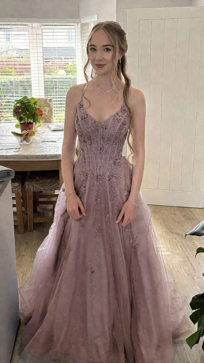 Chic A-line Dark Periwinkle Long Prom Dress Beaded Applique Tulle Spaghetti Straps Evening Dress Sleeveless Party Dress ED06301