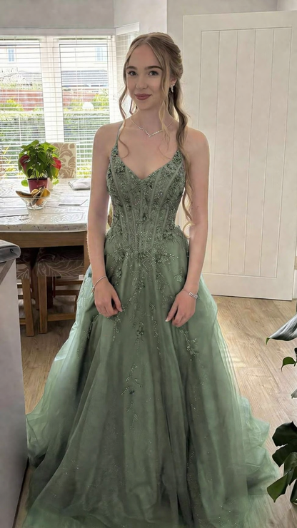 Chic A-line Dark Periwinkle Long Prom Dress Beaded Applique Tulle Spaghetti Straps Evening Dress Sleeveless Party Dress ED06301