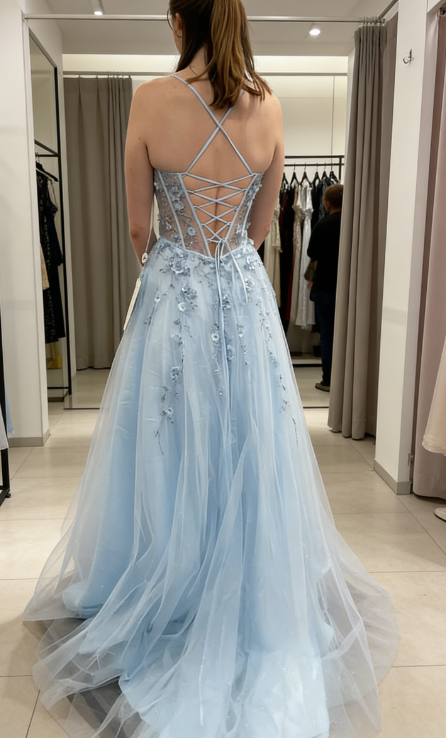 Chic A-line Dark Periwinkle Long Prom Dress Beaded Applique Tulle Spaghetti Straps Evening Dress Sleeveless Party Dress ED06301