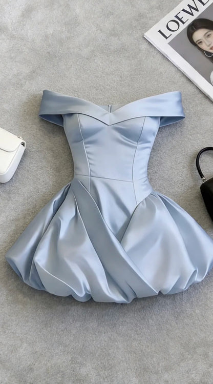 Chic A-Line Sky Blue Short Prom Dress Satin Off-shoulder Evening Dress Sleeveless Party Dress ED06307