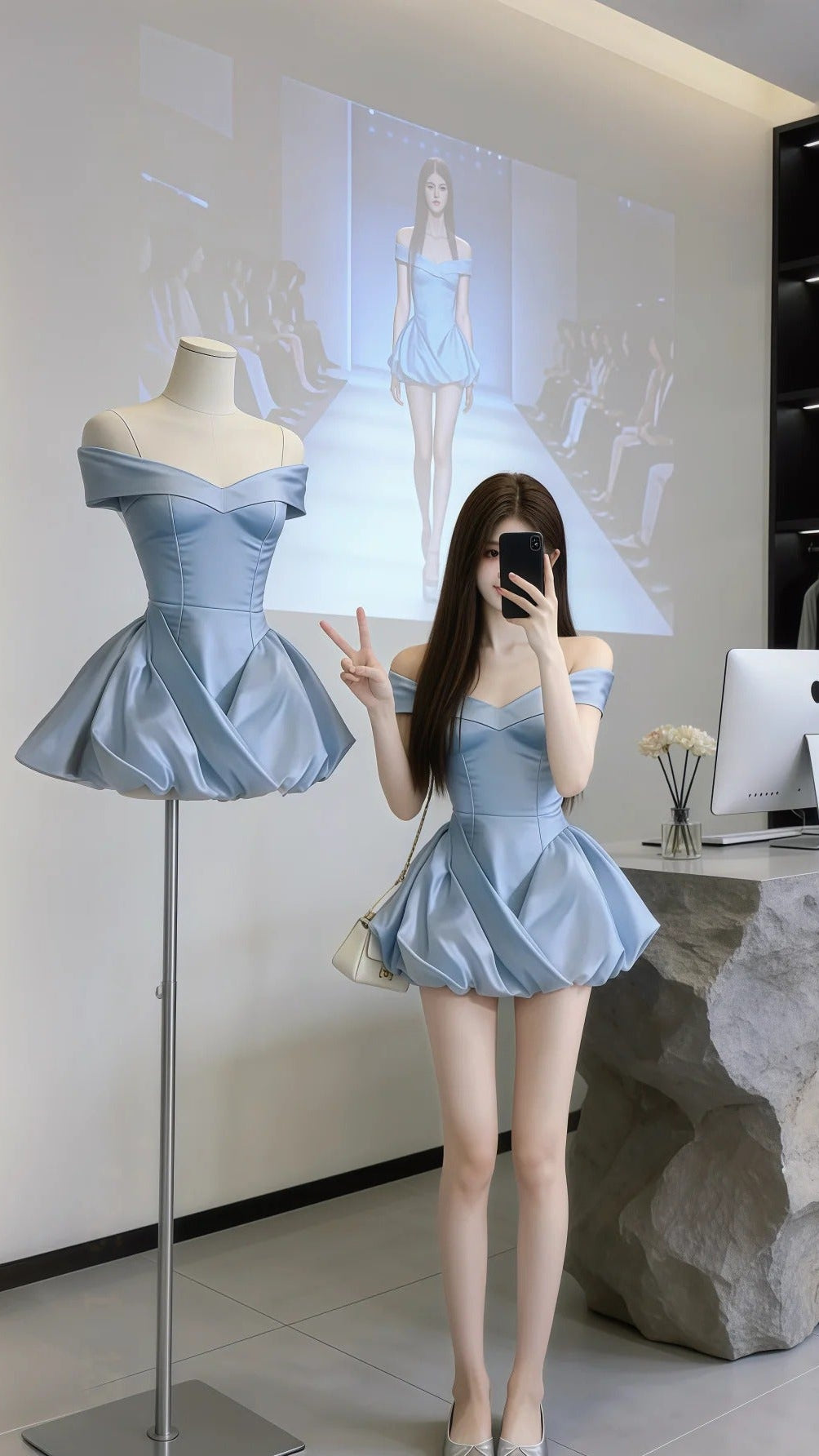 Chic A-Line Sky Blue Short Prom Dress Satin Off-shoulder Evening Dress Sleeveless Party Dress ED06307