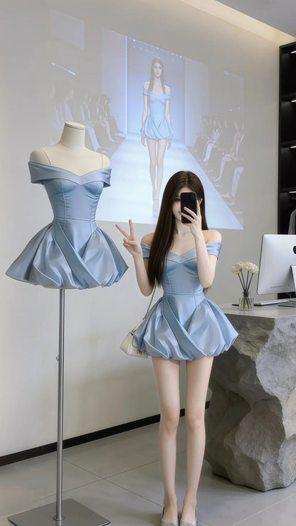 Chic A-Line Sky Blue Short Prom Dress Satin Off-shoulder Evening Dress Sleeveless Party Dress ED06307