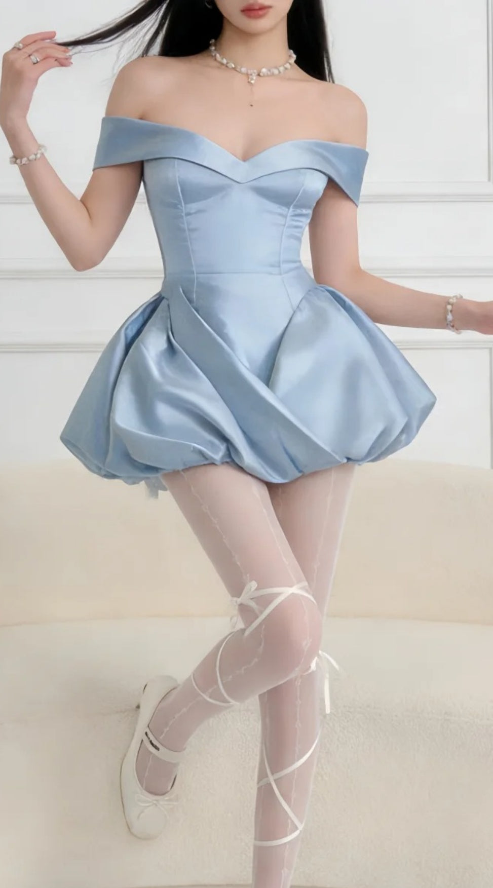 Chic A-Line Sky Blue Short Prom Dress Satin Off-shoulder Evening Dress Sleeveless Party Dress ED06307