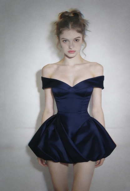 Chic A-Line Sky Blue Short Prom Dress Satin Off-shoulder Evening Dress Sleeveless Party Dress ED06307