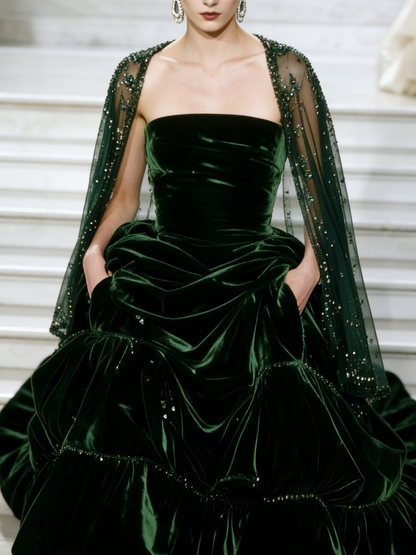 Elegant A-Line Dark Green Long Prom Dress Velvet  Strapless Evening Dress Sleeveless Birthday Dress ED06343