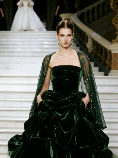 Elegant A-Line Dark Green Long Prom Dress Velvet  Strapless Evening Dress Sleeveless Birthday Dress ED06343