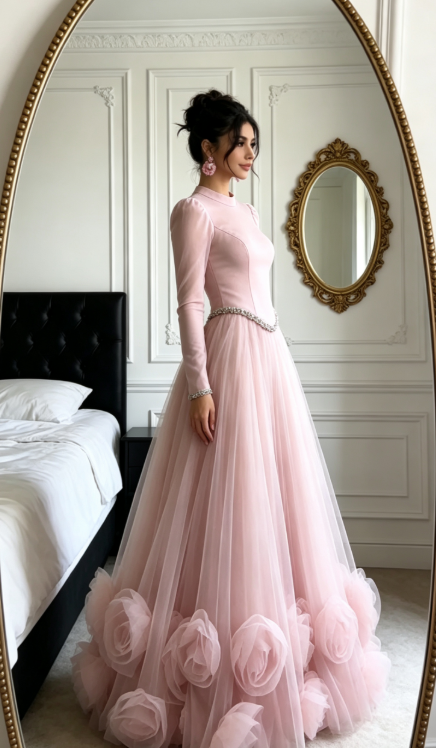 Elegant A-Line Pink Long Prom Dress Tulle High Neck Evening Dress ED06346