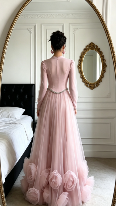 Elegant A-Line Pink Long Prom Dress Tulle High Neck Evening Dress ED06346