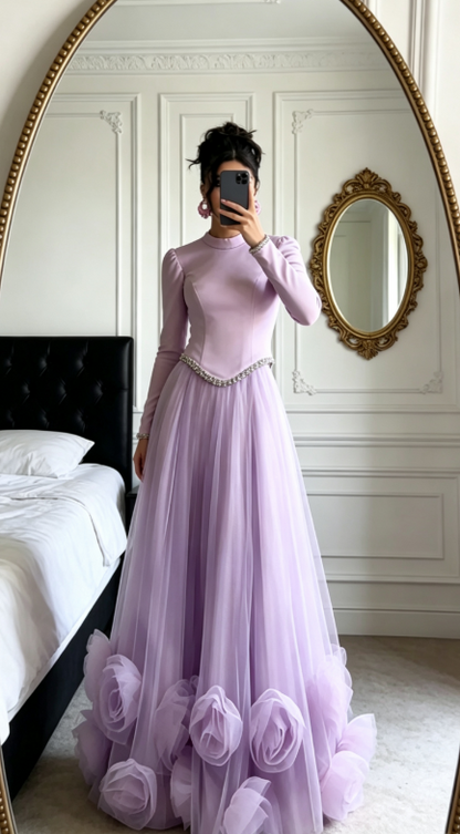 Elegant A-Line Pink Long Prom Dress Tulle High Neck Evening Dress ED06346