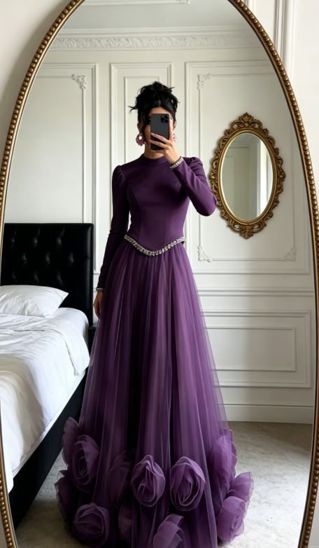 Elegant A-Line Pink Long Prom Dress Tulle High Neck Evening Dress ED06346