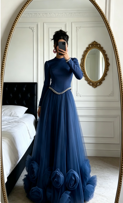 Elegant A-Line Pink Long Prom Dress Tulle High Neck Evening Dress ED06346