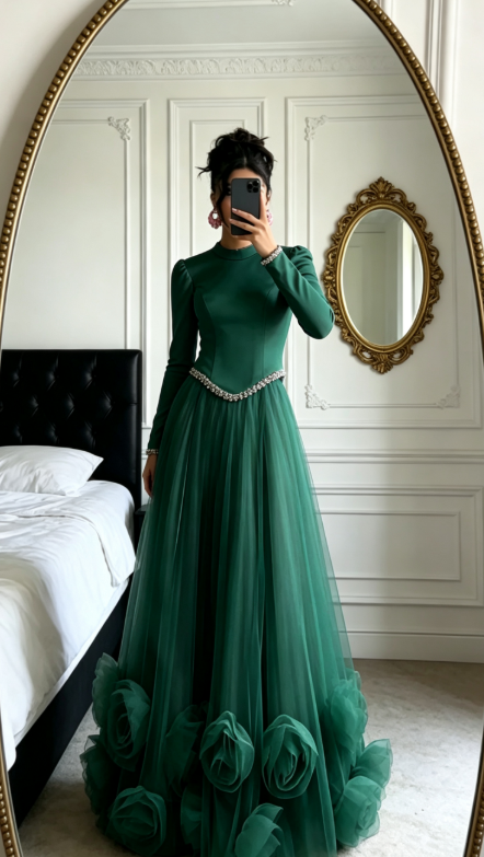 Elegant A-Line Pink Long Prom Dress Tulle High Neck Evening Dress ED06346
