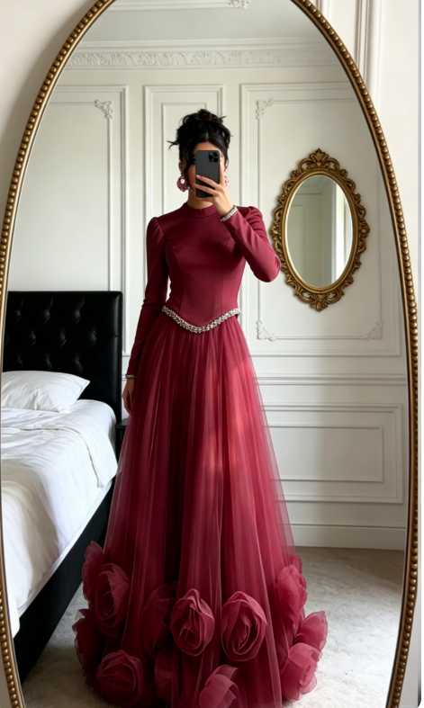 Elegant A-Line Pink Long Prom Dress Tulle High Neck Evening Dress ED06346
