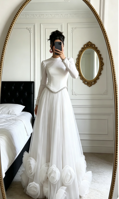Elegant A-Line Pink Long Prom Dress Tulle High Neck Evening Dress ED06346