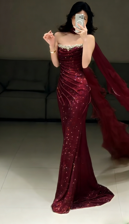 Elegant Sheath Champagne Gold Long Prom Dress Tulle Strapless Evening Dress Sleeveless Party Dress ED06398