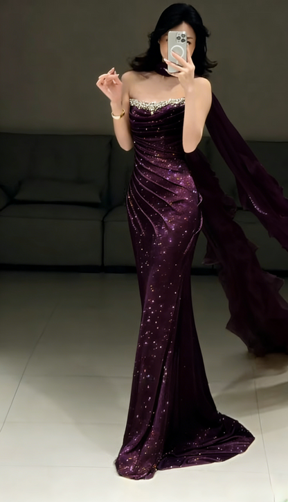 Elegant Sheath Champagne Gold Long Prom Dress Tulle Strapless Evening Dress Sleeveless Party Dress ED06398