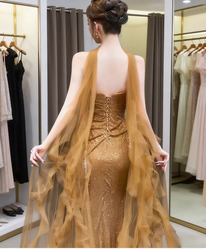 Elegant Sheath Champagne Gold Long Prom Dress Tulle Strapless Evening Dress Sleeveless Party Dress ED06398