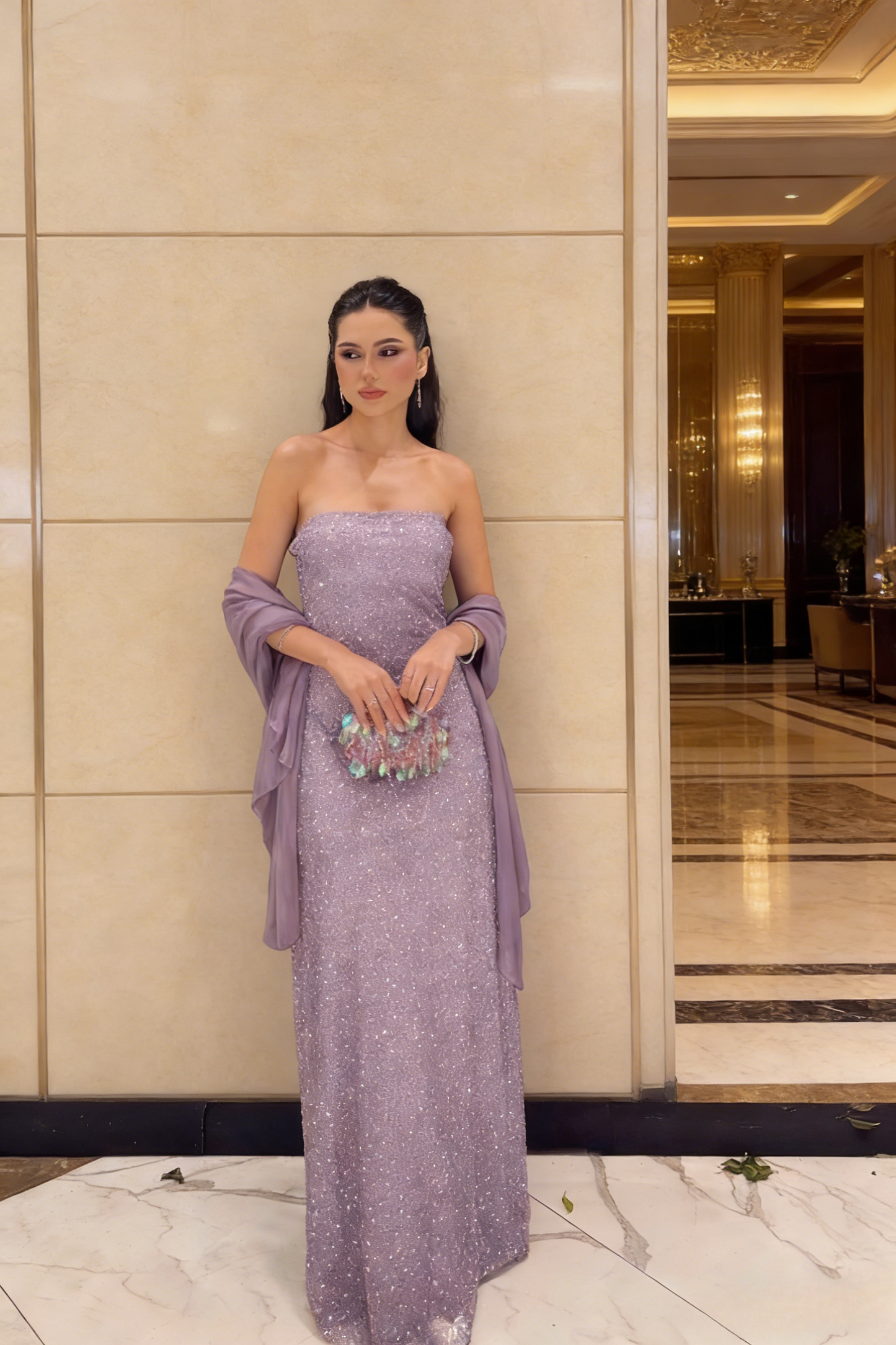 Glitter Sheath Purple Long Prom Dress Beaded Tulle Strapless Evening Dress  ED06425