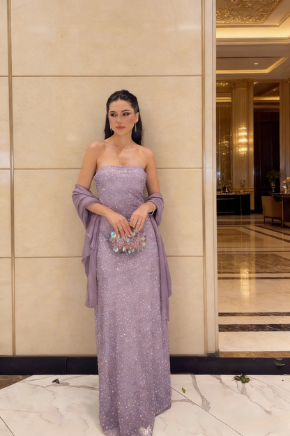 Glitter Sheath Purple Long Prom Dress Beaded Tulle Strapless Evening Dress  ED06425