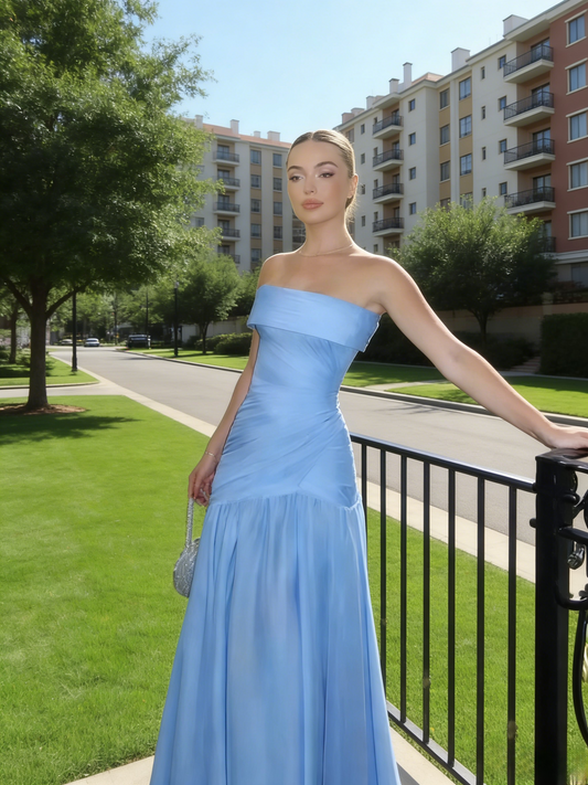 Gorgeous Sheath Blue Long Prom Dress Tulle Strapless Evening Dress Sleeveless Birthday Dress ED06455