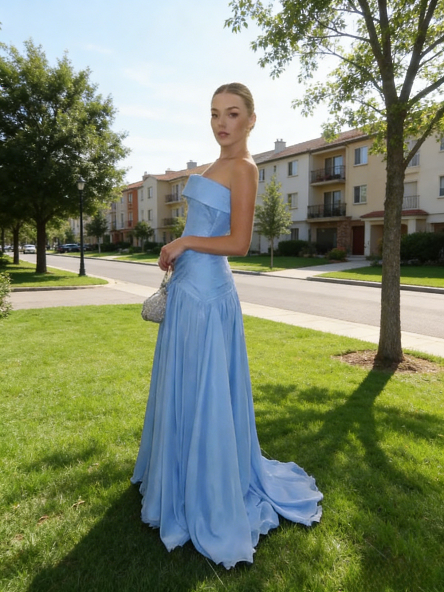 Gorgeous Sheath Blue Long Prom Dress Tulle Strapless Evening Dress Sleeveless Birthday Dress ED06455