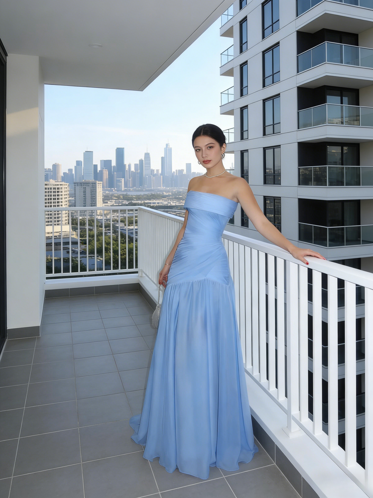 Gorgeous Sheath Blue Long Prom Dress Tulle Strapless Evening Dress Sleeveless Birthday Dress ED06455