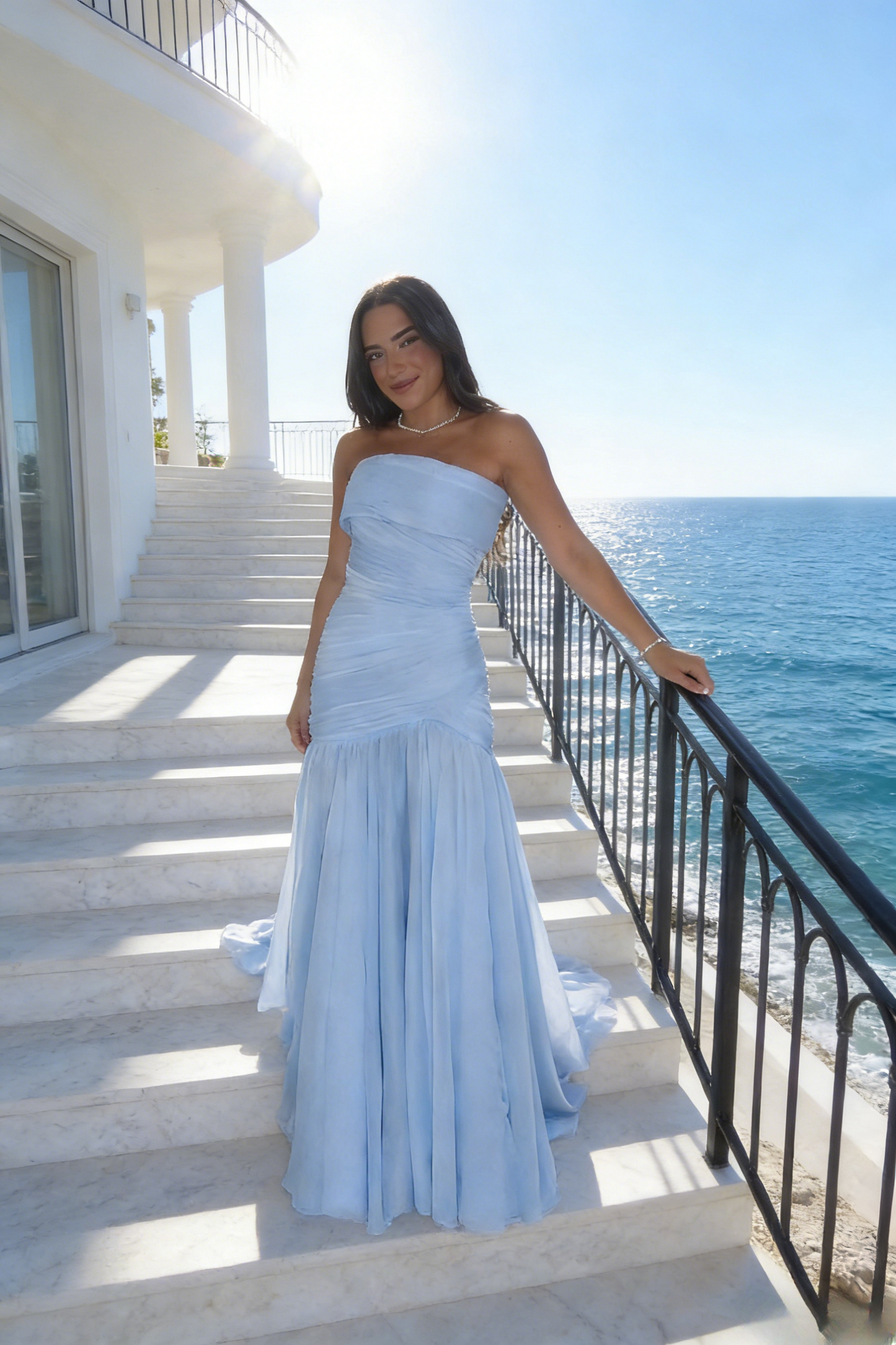 Gorgeous Sheath Blue Long Prom Dress Tulle Strapless Evening Dress Sleeveless Birthday Dress ED06455
