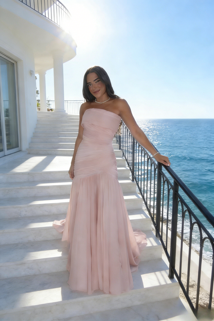 Gorgeous Sheath Blue Long Prom Dress Tulle Strapless Evening Dress Sleeveless Birthday Dress ED06455