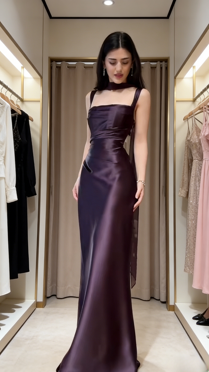 Glam Grape Long Prom Dresses Satin Straps Sheath Evening Dress Sleeveless Formal Dress ED06548