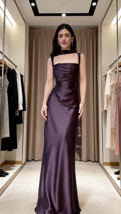 Glam Grape Long Prom Dresses Satin Straps Sheath Evening Dress Sleeveless Formal Dress ED06548