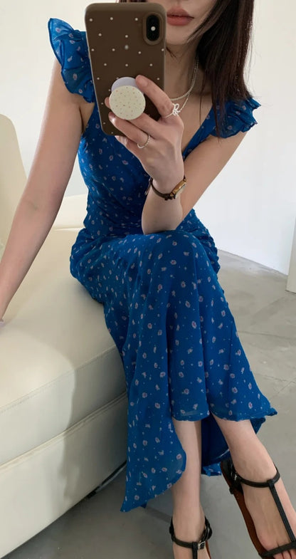 Gorgeous V-neck Blue Floral Long Prom Dress Chiffon Sheath Evening Dress Sleeveless Birthday Dress ED06682