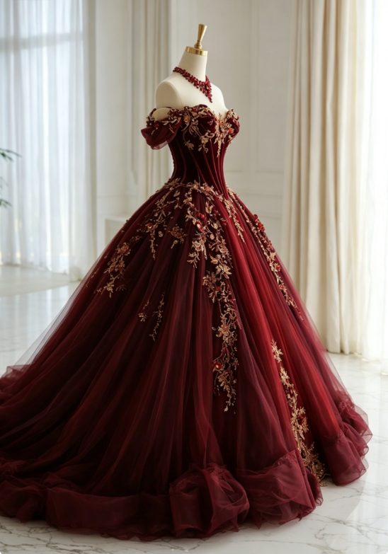 Classy Red Prom Dresses Off-shoulder A-Line Long Quinceanera Dress Tulle Appliques Sleeveless Sweet 16 Dress ED06735