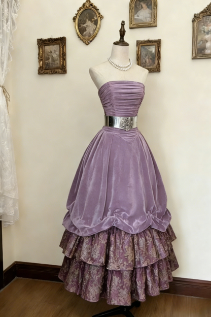 Fairy Plum Prom Dress Strapless A-Line Evening Dress Velvet Sleeveless Birthday Dress ED06766