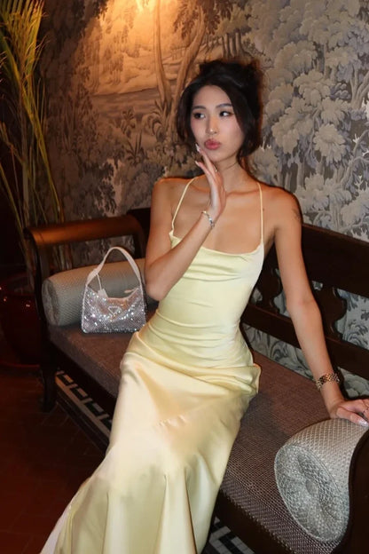 Gorgeous Yellow Prom Dress Satin Spaghetti Straps Evening Dress Sheath Party Dress ED06823