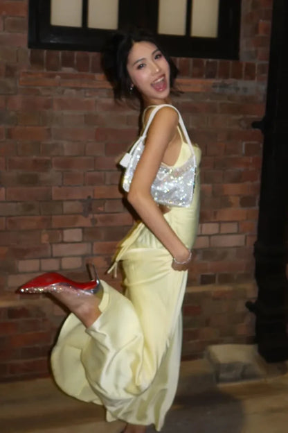 Gorgeous Yellow Prom Dress Satin Spaghetti Straps Evening Dress Sheath Party Dress ED06823