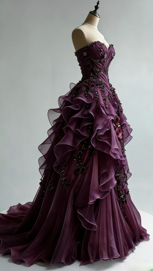 Elegant Purple Prom Dress Tulle Appliques Sweetheart Evening Dress A-Line Formal Dress ED06872
