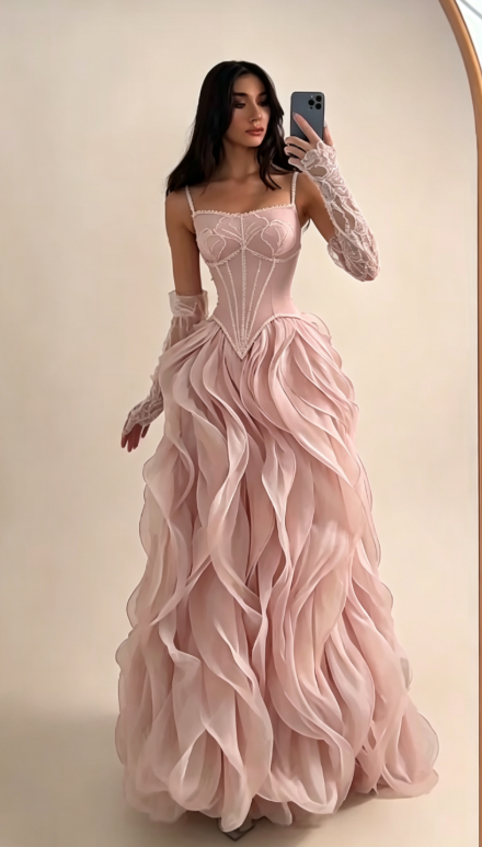 Elegant Morandi Blue Prom Dress Tulle Spaghetti Straps Evening Dress A-Line Formal Dress ED06874